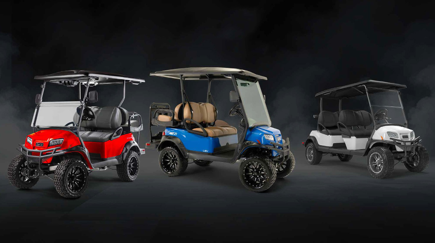 hero image of three golf carts